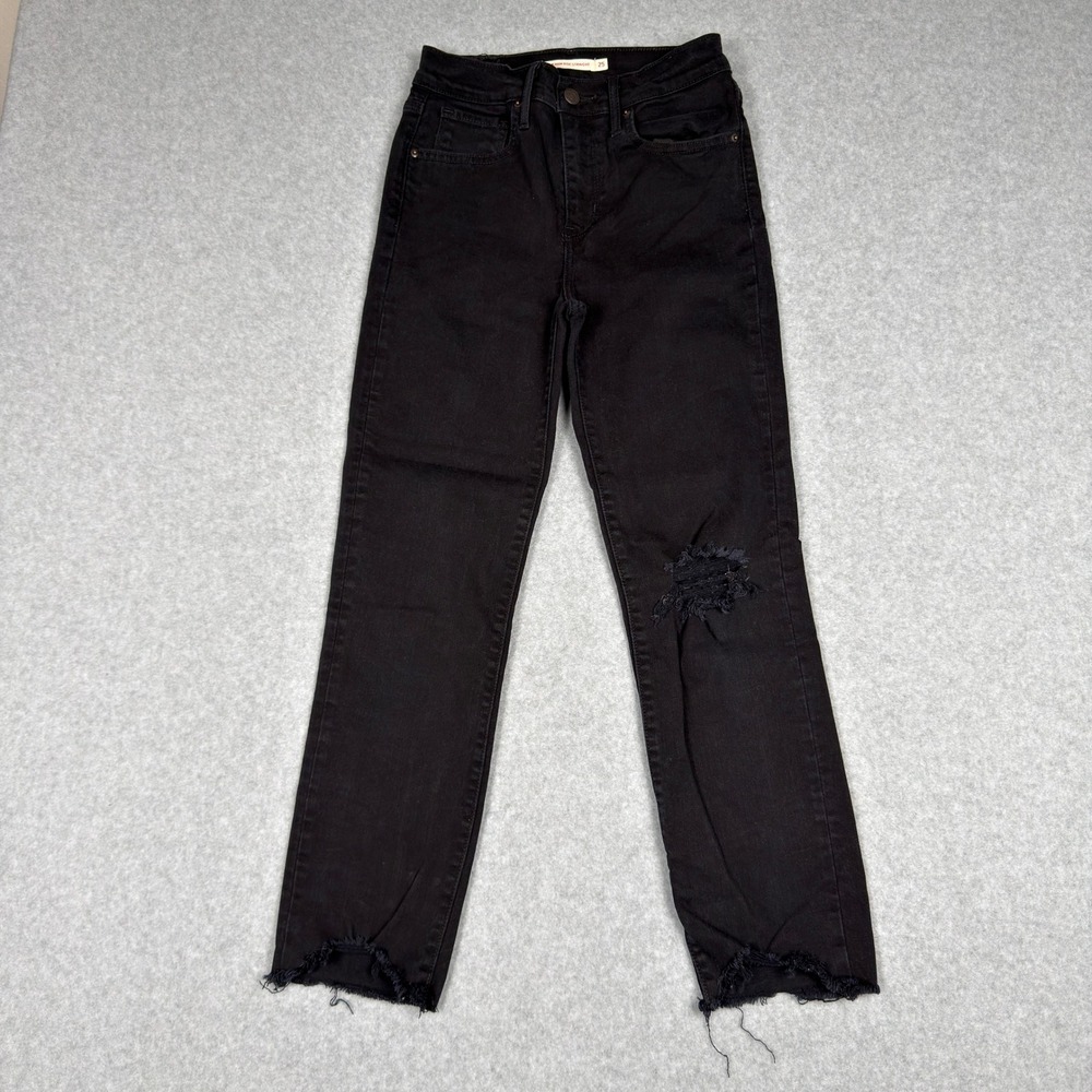 Levis Premium 724 High Rise Straight Jeans Black Distressed Raw Hem Sz 25 Grunge
